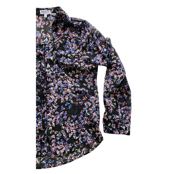 EXPRESS PORTOFINO Button Up Black Sheer Floral Print Top Roll Tab Sleeves Sz S/P - Picture 9 of 10